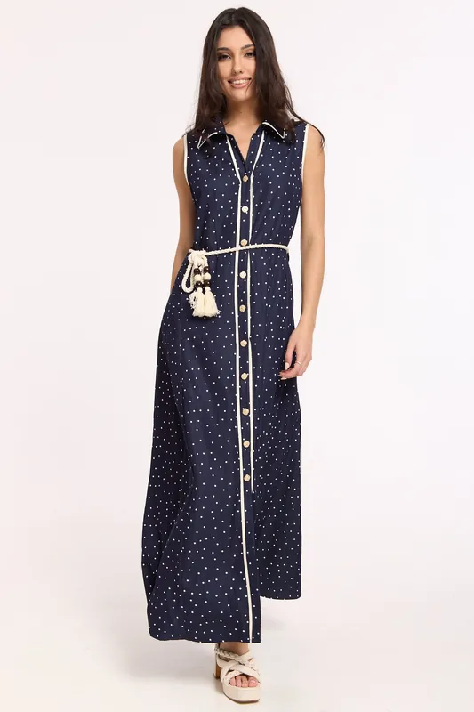 Navy Polka Dot Button Maxi Dress - Liquorish