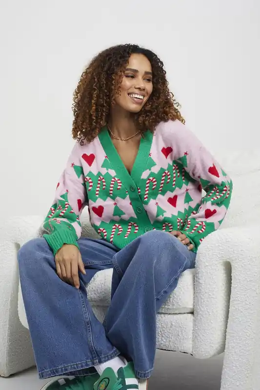 Jacquard Knit V-Neck Christmas Cardigan