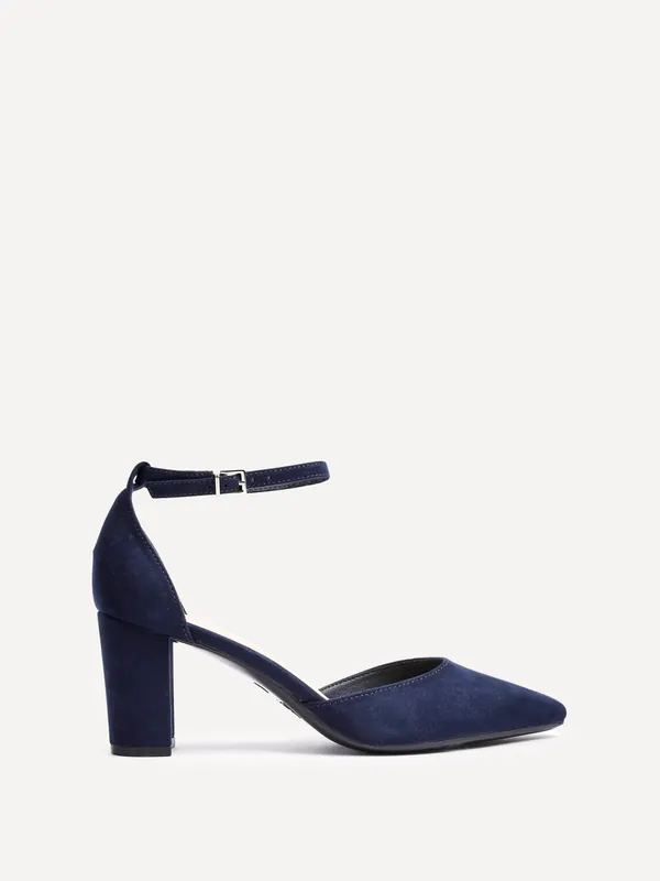 Leona Navy Faux Suede Closed Back Block Heeled Court Shoe - Linzi