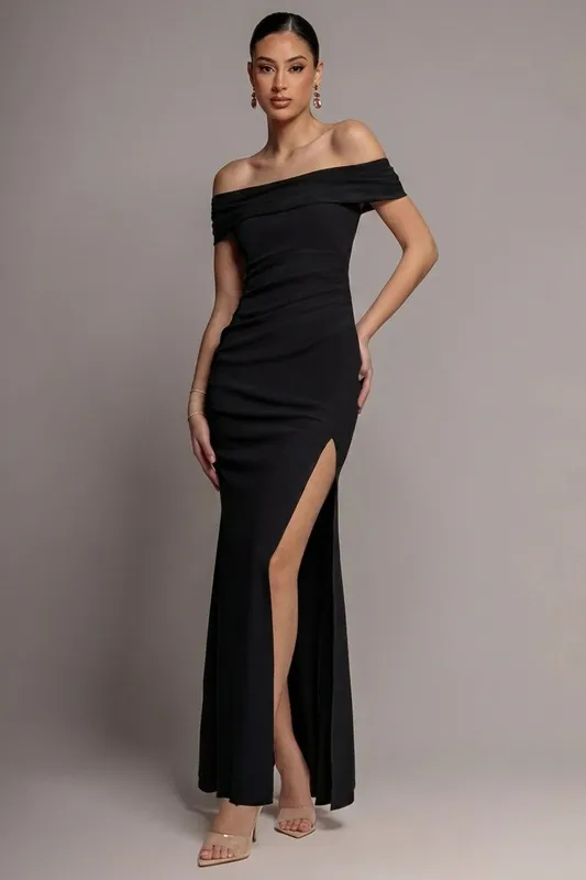 Off The Shoulder Maxi Dress With Split - Goddiva