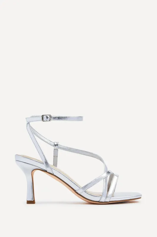 Cassie Wide Fit Silver Faux Leather Strappy Square Toe Heeled Sandal - Linzi