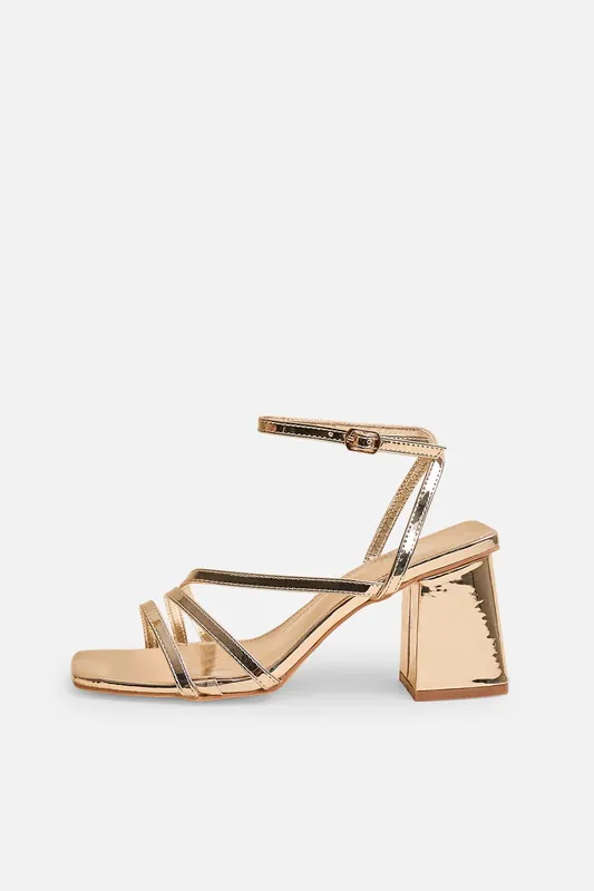 Robin Gold Strappy Square Toe Mid Block Heels - Public Desire