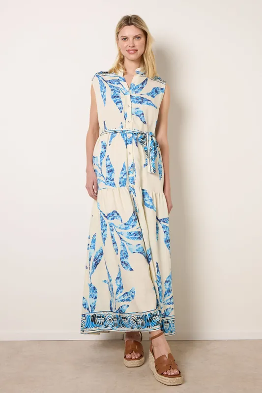 Blue Leaf Print Collarless Shirt Dress With Belted Waist - Blue Vanilla