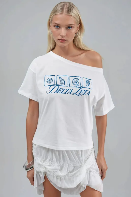 Printed Boat Neck One-Shoulder T-Shirt