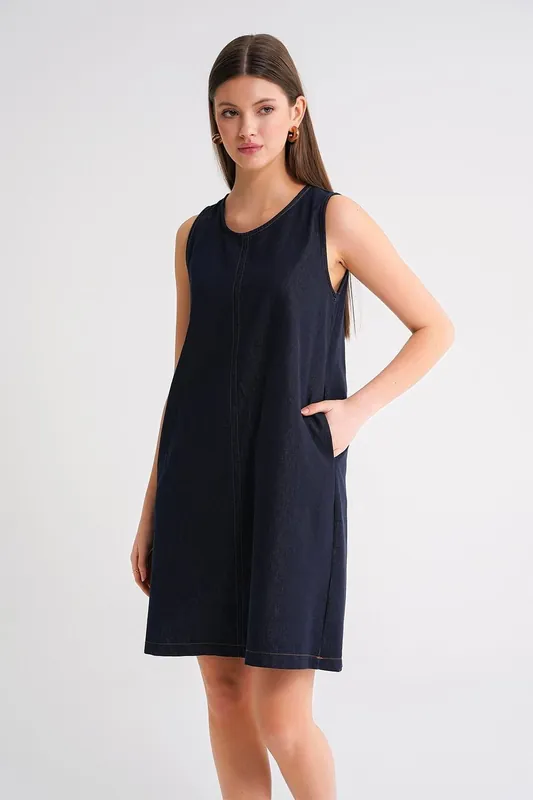 Crew Neck Cotton Midi Dress with Pockets - MixRay