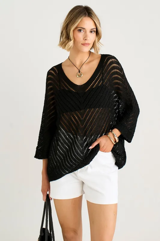 Black V-Neck Chevron Crochet Knit Top