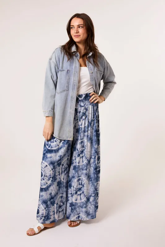 Blue Wide Leg Pants With Tie-Dye Print
