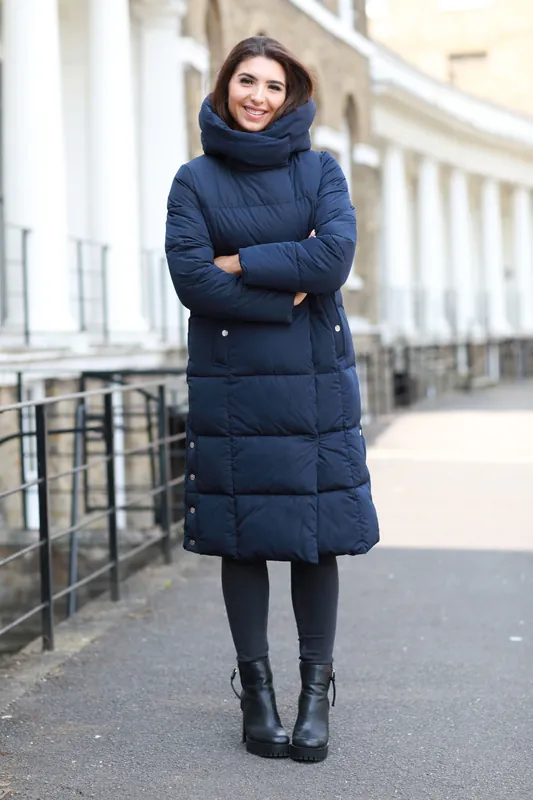 Navy Long Lux Wrap Puffer Coat - DOUBLE SECOND