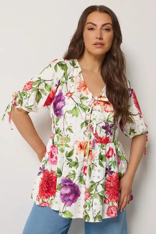 Broderie Anglaise Bow Tie Front Peplum Top - Yours