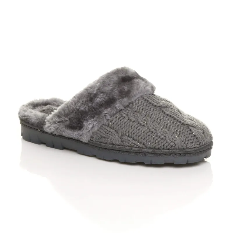 Flat Heel Mule Glitter Cable Knit Slippers - AJVANI