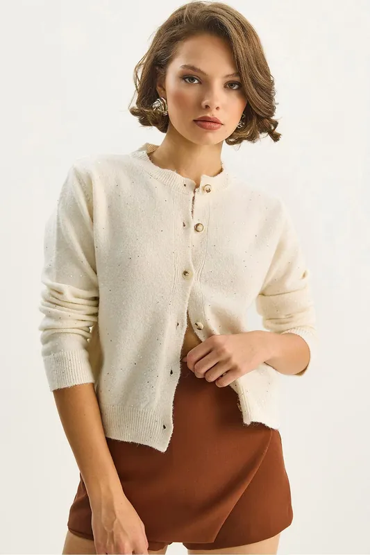 Textured Ribbed Cardigan with Sequin Detail - Bianco Lucci