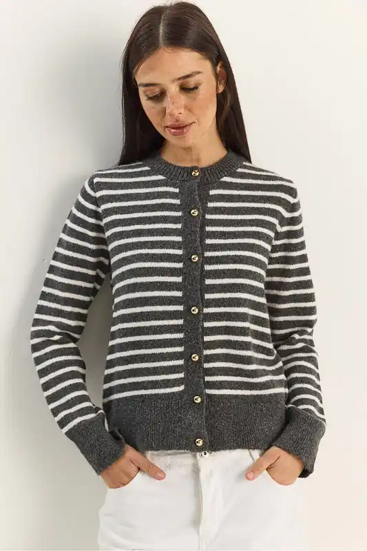 Striped Ribbed Knit Cardigan with Button Closure - Bianco Lucci