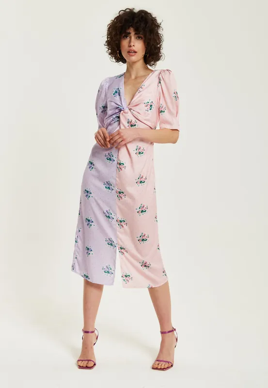 Lilac And Pink Floral Knot Front Midi Dress With Short Sleeves - Liquorish