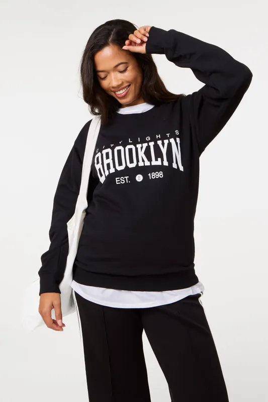 Black Brooklyn Slogan Oversized Sweater - Pink Vanilla