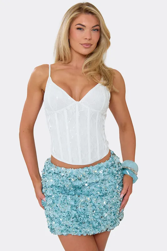 Corset Style Strappy Sweetheart Neckline Sequin Lace Corset Top - EGO