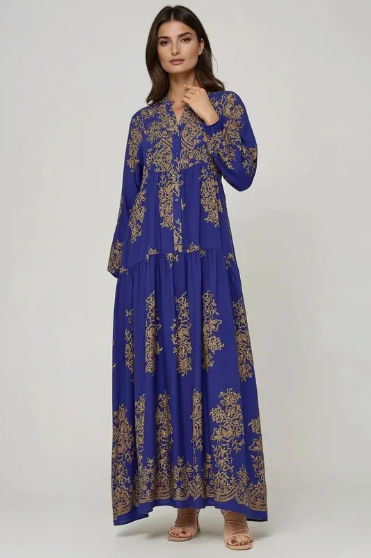 Printed Viscon Maxi Dress with Shirt Collar - Hiccup