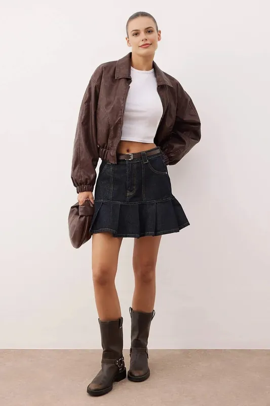Women’s Belted Pleated Mini Denim Skirt - WOVCOR