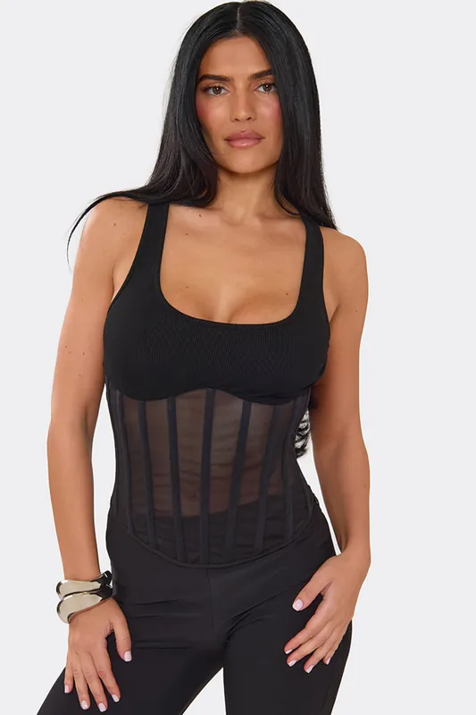 Corset Style Strappy Scoop Neck Ribbed Vest - EGO