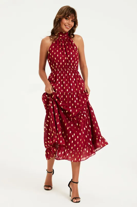 Gold Foil Halter Neck Tie Back Midi Dress In Wine - FS Collection