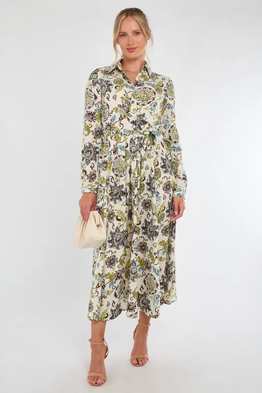 Ivory and Olive Baroque Floral Print Maxi Shirt Dress - Love Sunshine