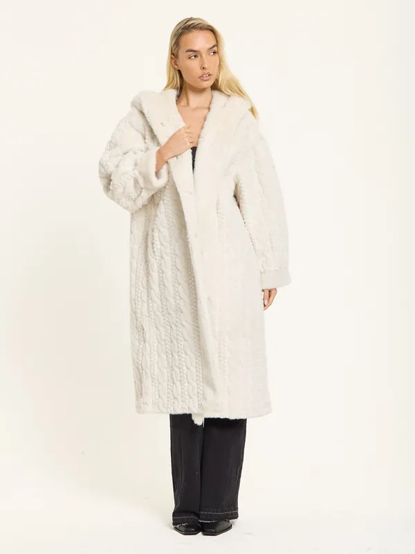 Ivory Hooded Faux Fur Coat - Liquorish