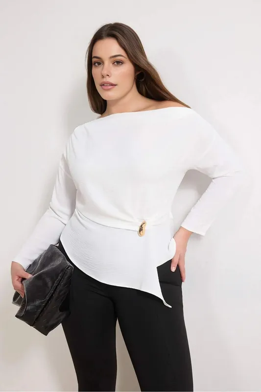 Asymmetric Neck Hardware Detail Long Sleeve Top - WOVCOR