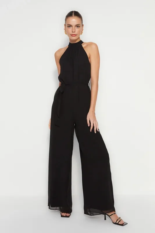 Belted Halterneck Maxi Chiffon Lined Woven Jumpsuit - WOVCOR