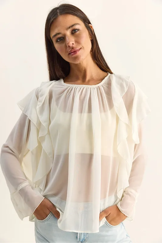 Frilly Chiffon Crew Neck Blouse - Bianco Lucci