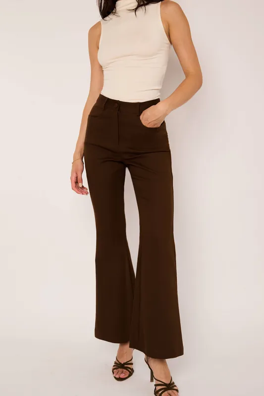 Milo Chocolate Brown High Waisted Flared Leg Trousers - Jaded Rose