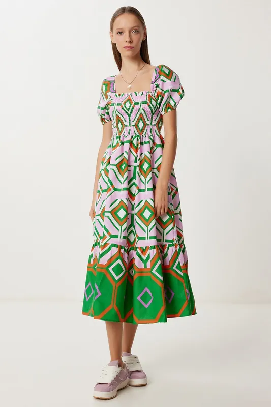 Batik Print Midi Dress with Ruffle Detail - Happiness Istanbul
