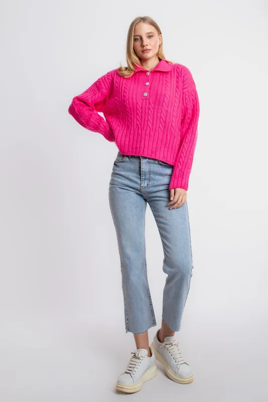 Cable Knitted Polo Collar Buttoned Sweater - Hiccup