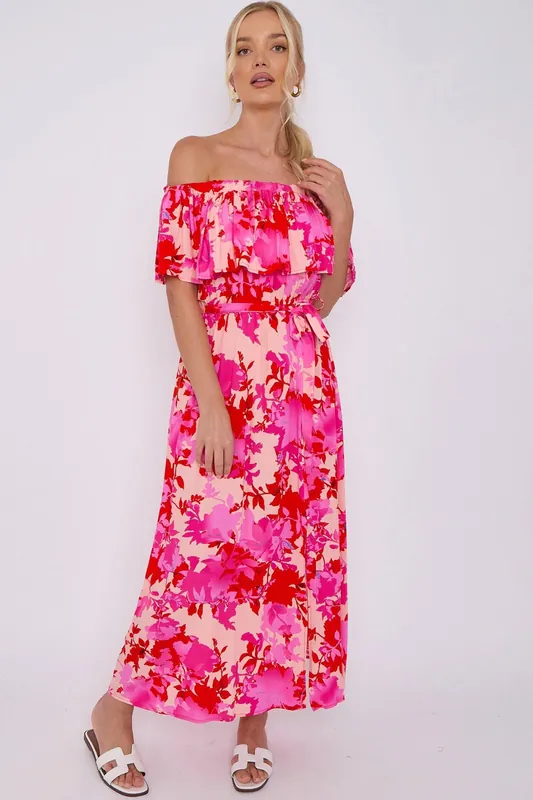 Fuchsia Floral Print Bardot Maxi Dress - Love Sunshine