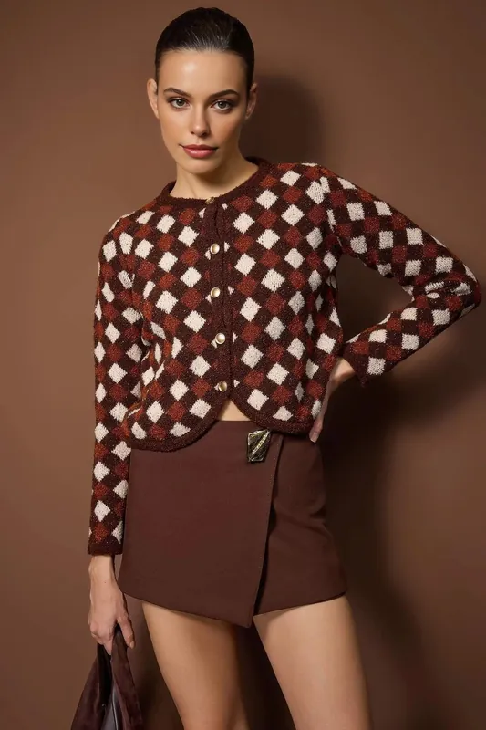 Argyle Crew Neck Button Front Crop Knit Cardigan - WOVCOR
