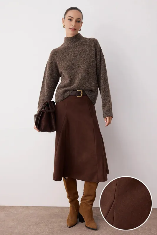 A-Line Woven Midi Skirt with Soft Suede Finish and Fluid Shape