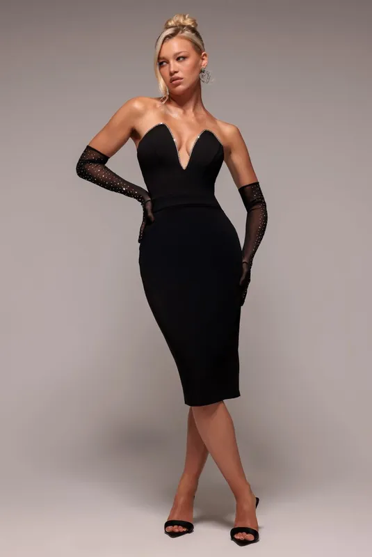 Strapless Super Plunge Diamante Neck Midi Dress - Goddiva