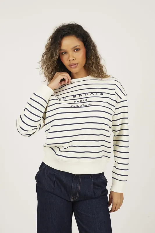 Stripe Embroidered Crew Neck Sweatshirt - Brave Soul