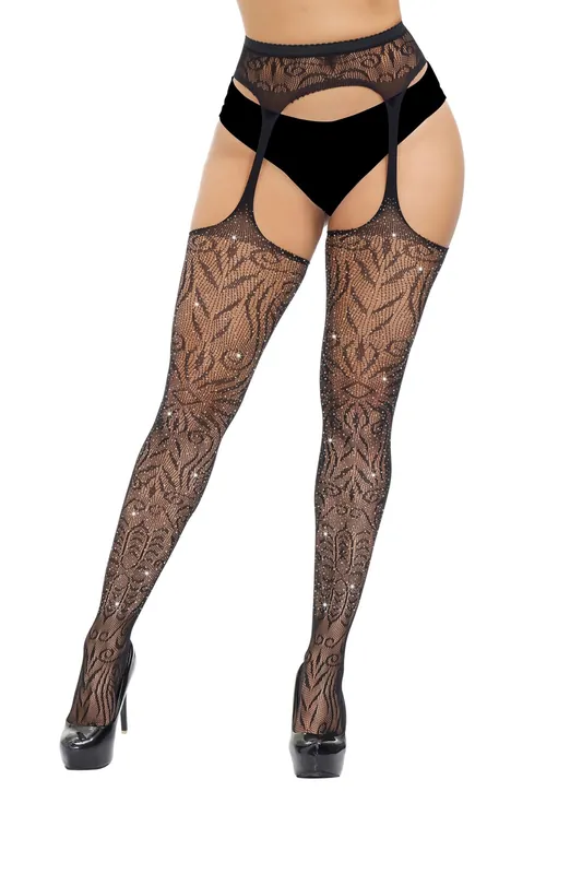 Plus Size Suspender Pantyhose with Rhinestones - Loving Joy