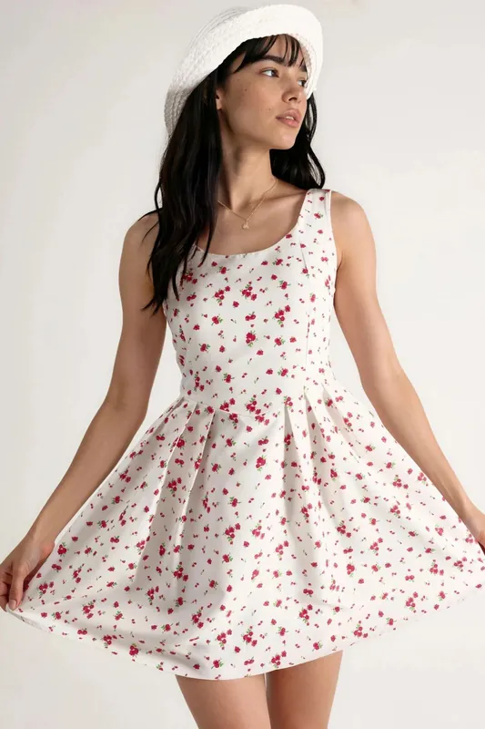 Floral U Collar Mini Skater Dress - Busem