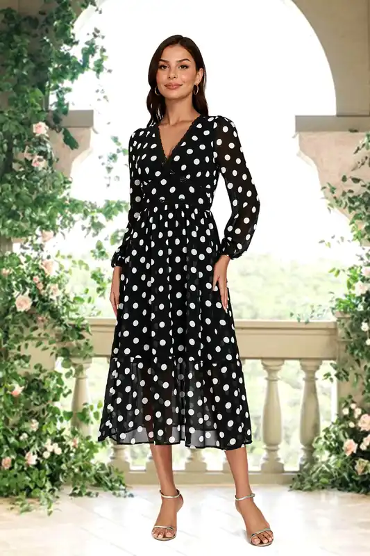 Dot Print Lace Trim Long Sleeve Maxi Dress In Black - FS Collection