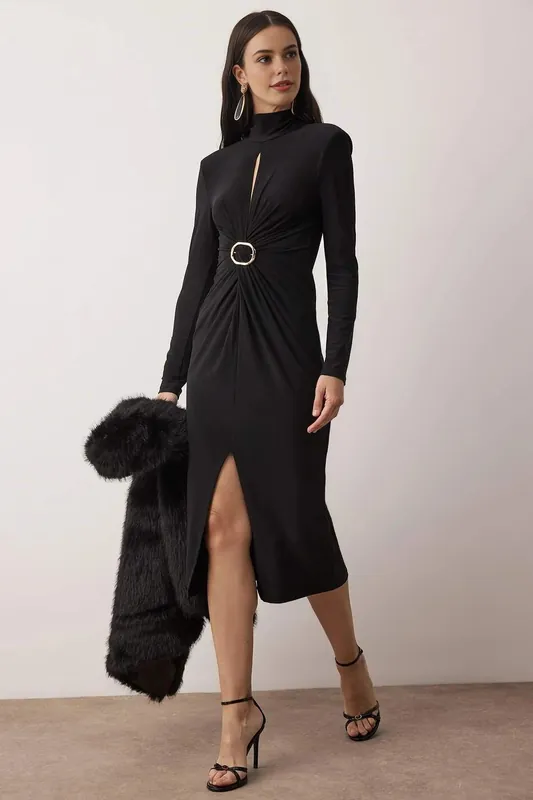 Knitted Midi Evening Dress with Cut Out Detail and Accessory Accent - WOVCOR