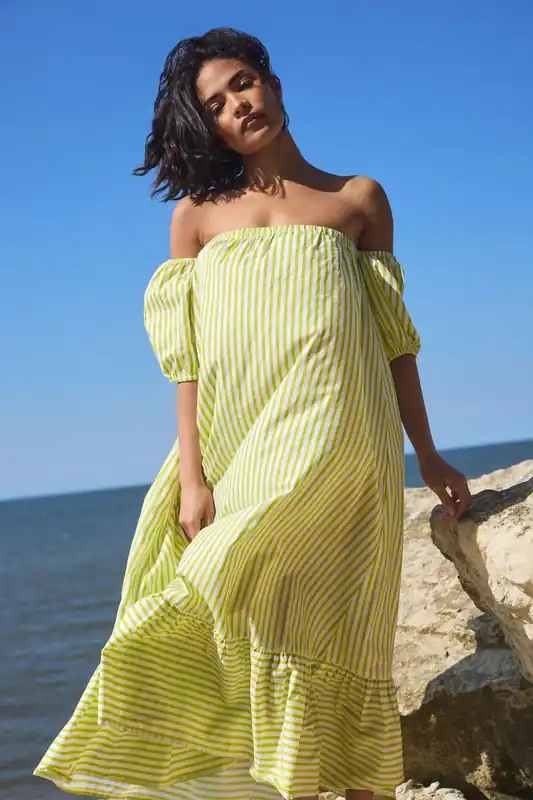 Petite Stripe Bardot Midaxi Dress - PixieGirl