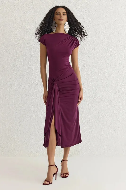 Asymmetric Draped Midi Dress - WOVCOR