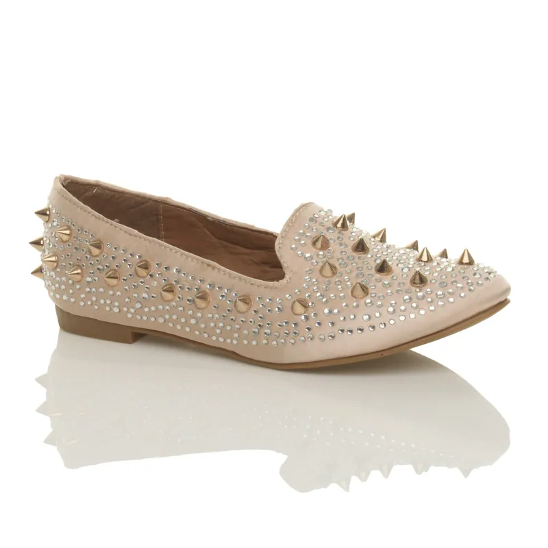 Flat Heel Studded Spike Diamante Loafers - AJVANI