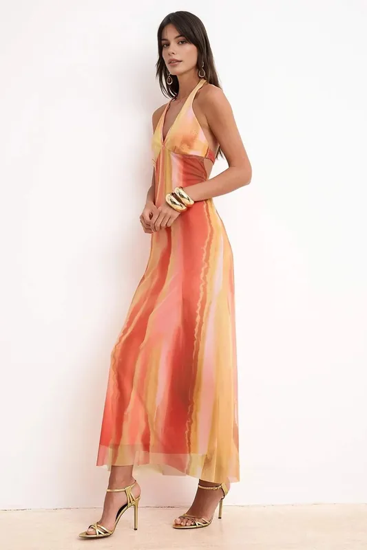 Halterneck Sheer Tulle Maxi Evening Dress with Ombre Effect - WOVCOR