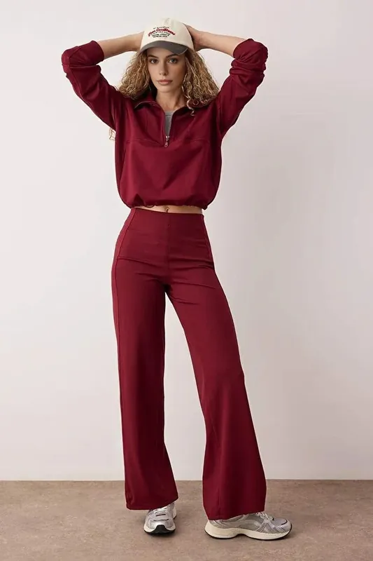 High Waist Ribbed Knit Wide Leg Sports Joggers - WOVCOR