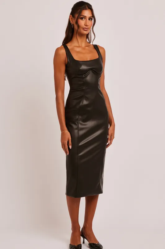 Lerisa Black Faux Leather Square Neck Midi Dress - Jaded Rose