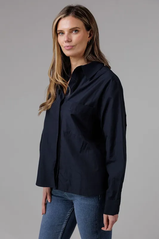 Cotton Long Sleeve Chest Pocket Poplin Popover High-Low Hem Shirt