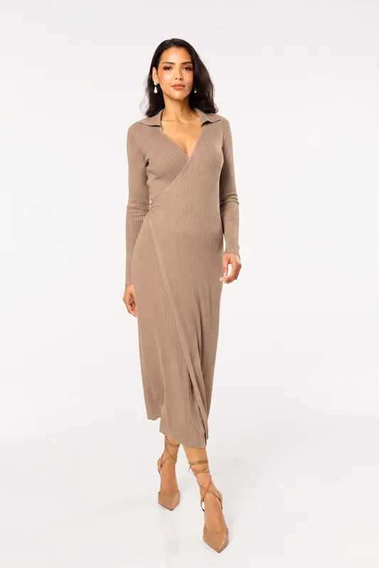 Taupe Ribbed Long Sleeve Wrap Midi Dress - Liquorish