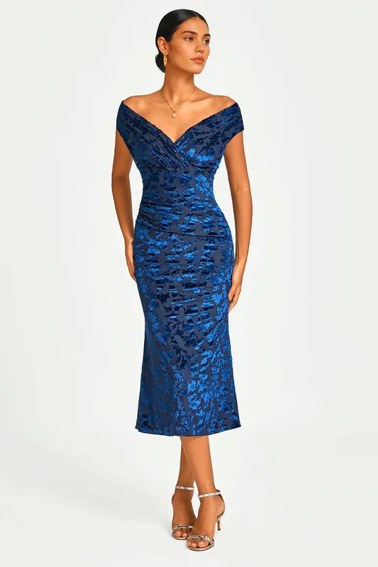 Floral Velvet Devore Bardot Pleated Midi Dress In Navy - FS Collection