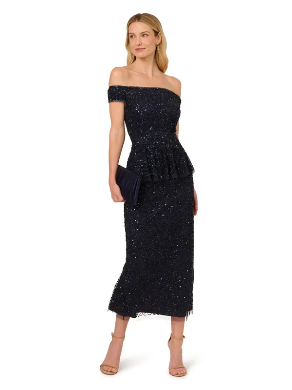Bead Mesh Peplum Dress - Adrianna Papell